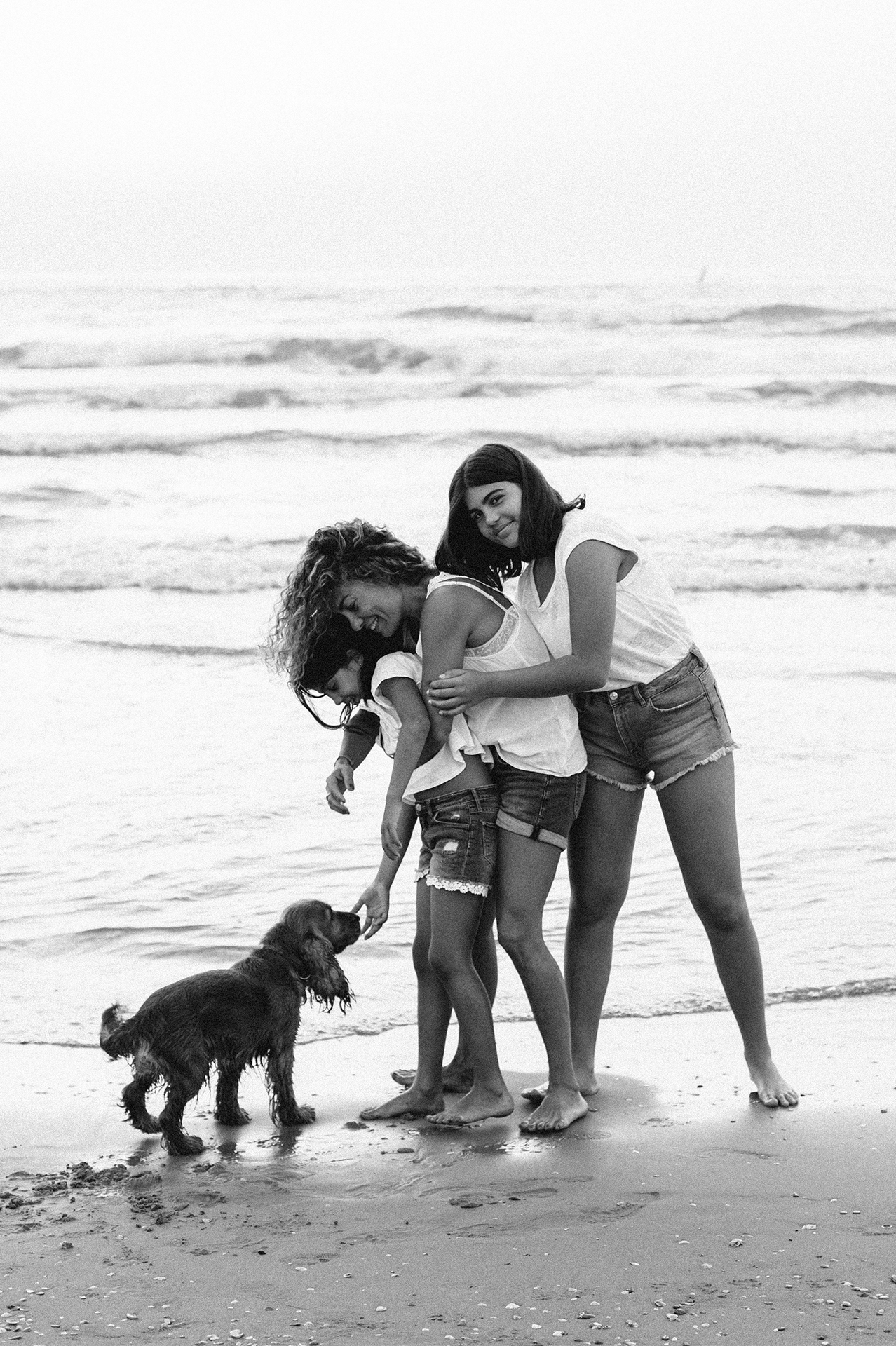 famiglia che gioca con il cane in spiaggia